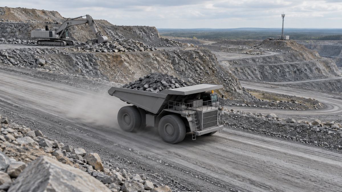 A haul truck follows an open-pit haul road below an excavator and a communications mast.