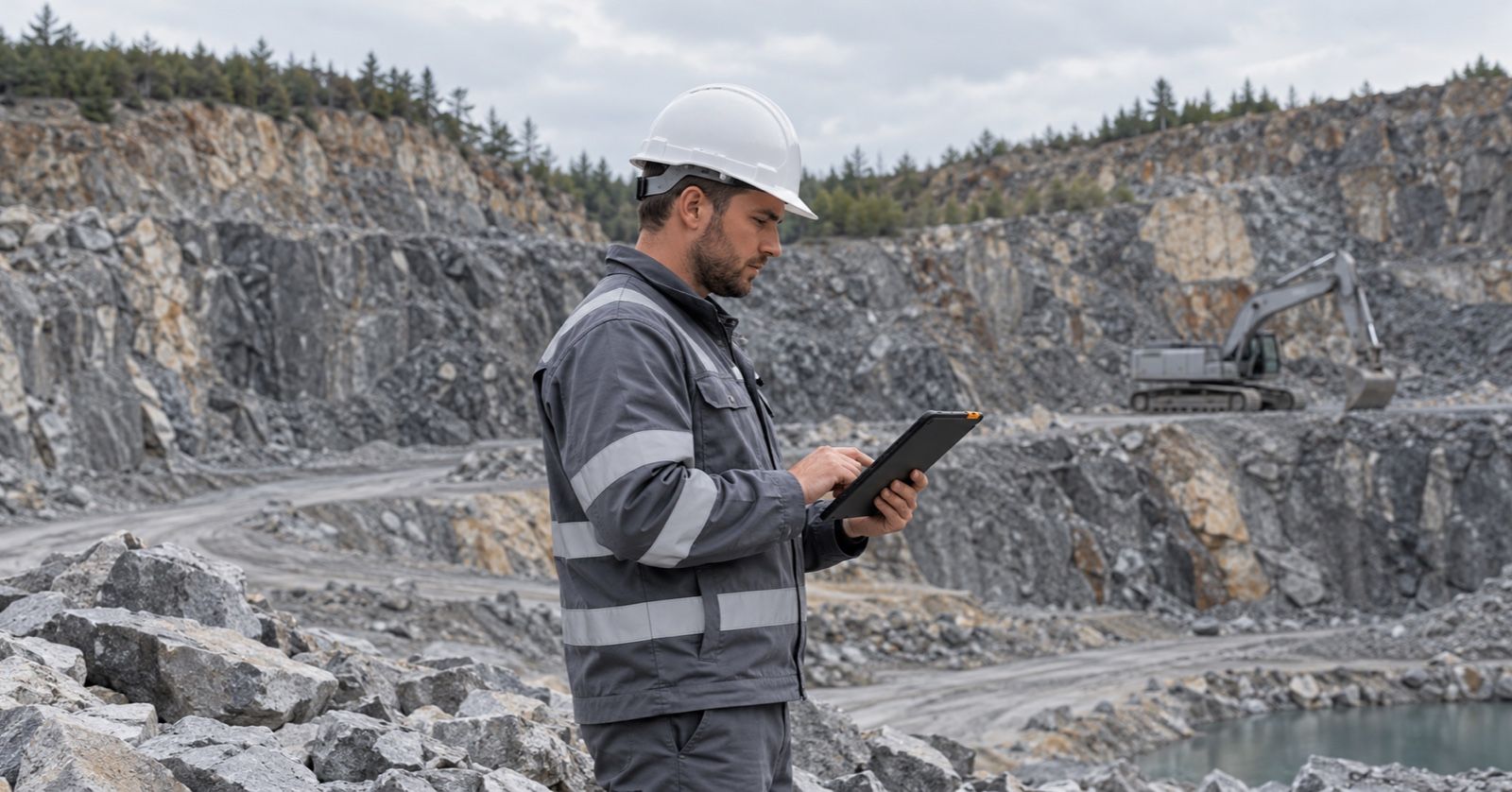 A mine engineer uses a tablet with an excavator on a quarry bench behind him.