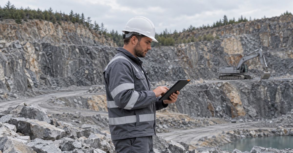A mine engineer uses a tablet with an excavator on a quarry bench behind him.