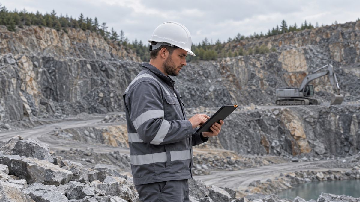 A mine engineer uses a tablet with an excavator on a quarry bench behind him.