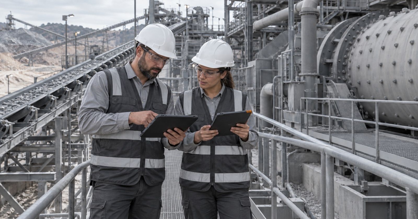 Two engineers compare tablets beside mineral processing equipment.
