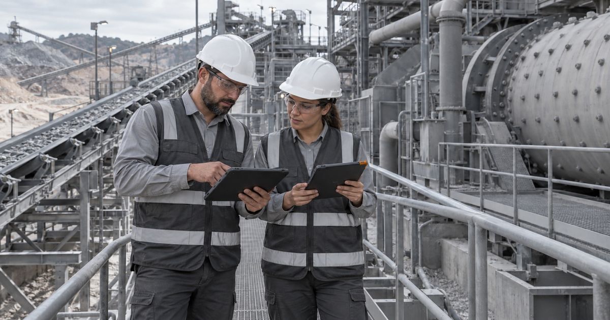 Two engineers compare tablets beside mineral processing equipment.