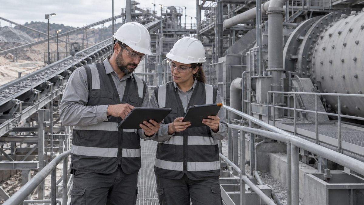 Two engineers compare tablets beside mineral processing equipment.