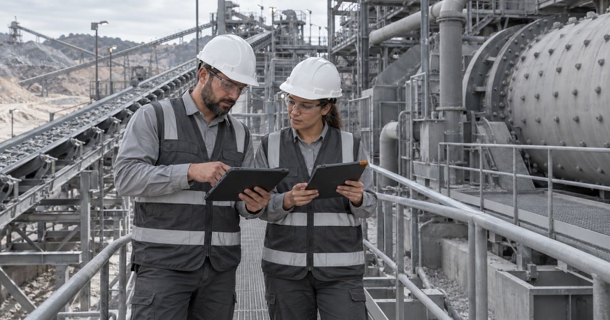 Two engineers compare tablets beside mineral processing equipment.
