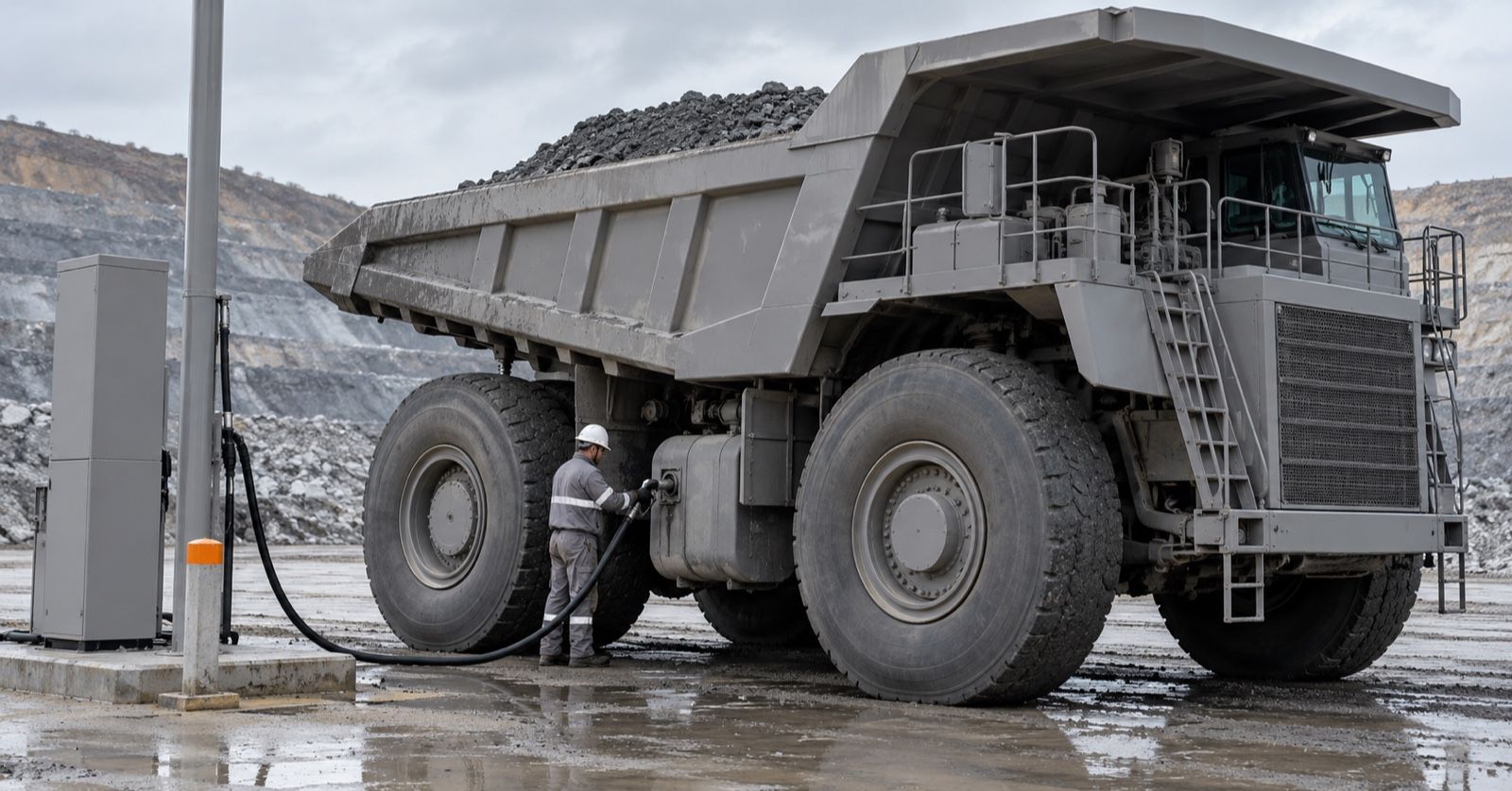 A worker connects a fuel hose to a haul truck at a mine refueling bay.