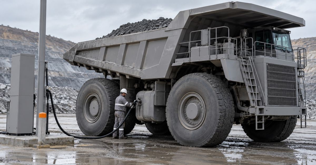 A worker connects a fuel hose to a haul truck at a mine refueling bay.