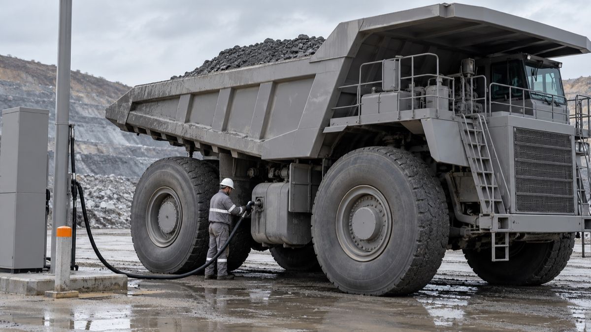 A worker connects a fuel hose to a haul truck at a mine refueling bay.