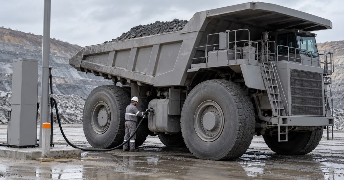 A worker connects a fuel hose to a haul truck at a mine refueling bay.