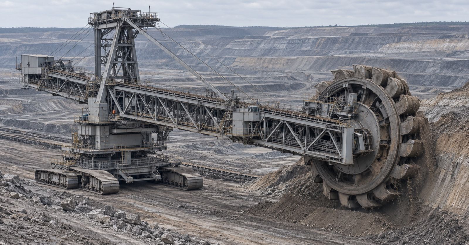 A bucket-wheel excavator and its conveyor boom stand against the terraced earth of a surface mine.