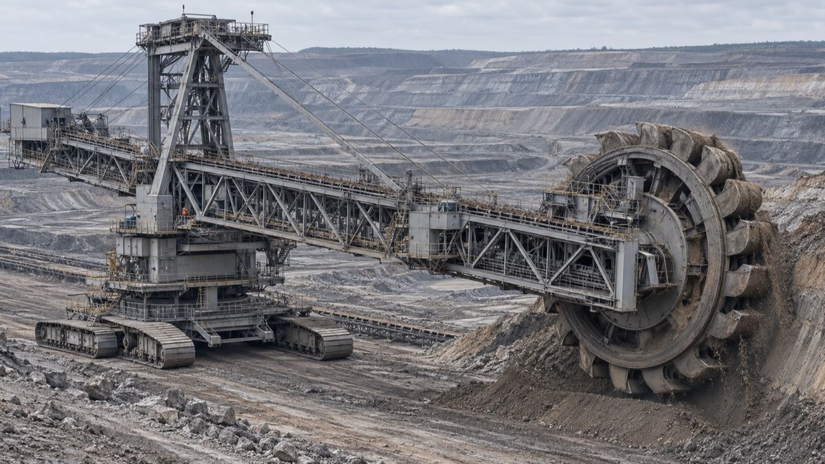 A bucket-wheel excavator and its conveyor boom stand against the terraced earth of a surface mine.
