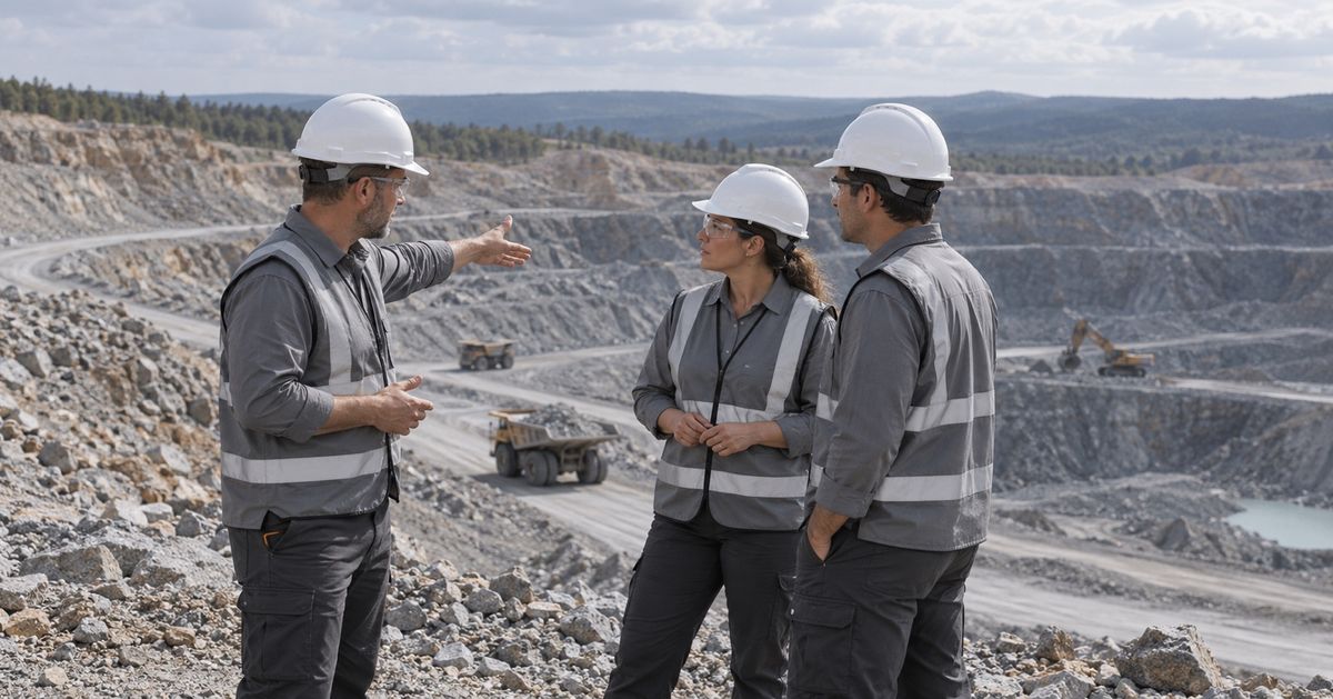 Three mine workers discuss site safety beside a quarry access path.