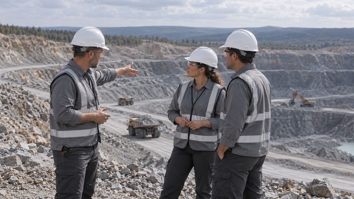 Three mine workers discuss site safety beside a quarry access path.