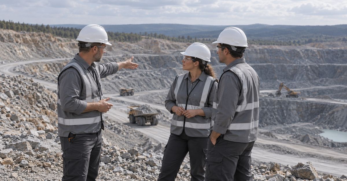 Three mine workers discuss site safety beside a quarry access path.