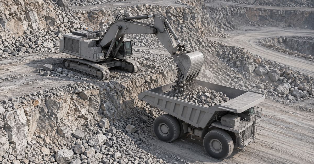 An excavator loads broken rock into a haul truck at an open-pit loading point.