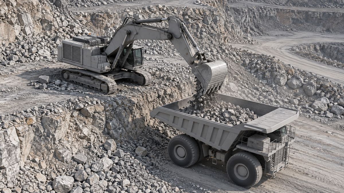 An excavator loads broken rock into a haul truck at an open-pit loading point.