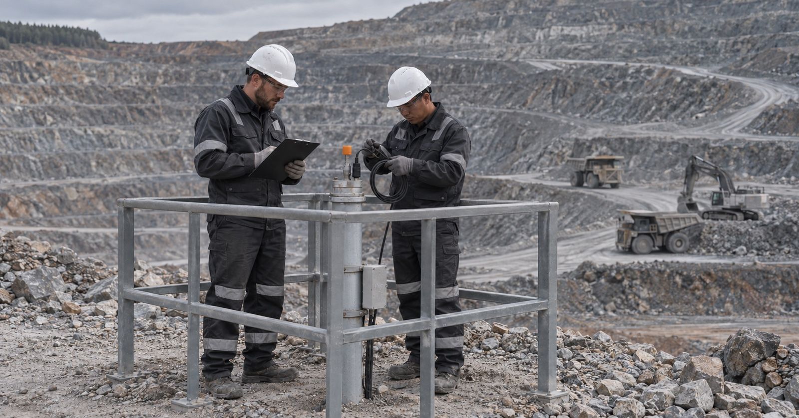 Two engineers inspect a monitoring pipe and cable within a railed area at a mine.