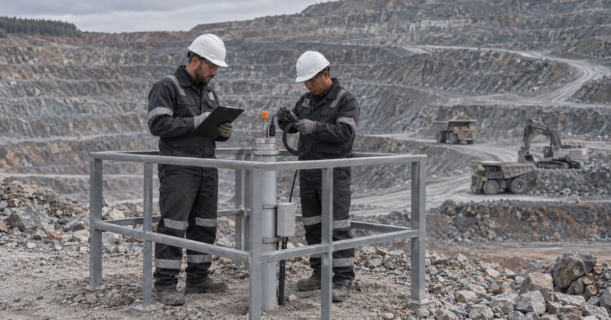 Two engineers inspect a monitoring pipe and cable within a railed area at a mine.