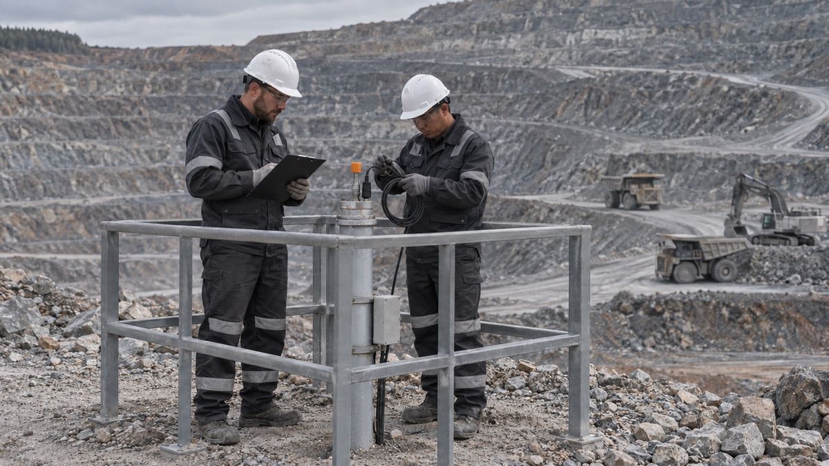 Two engineers inspect a monitoring pipe and cable within a railed area at a mine.