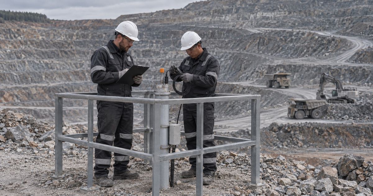 Two engineers inspect a monitoring pipe and cable within a railed area at a mine.