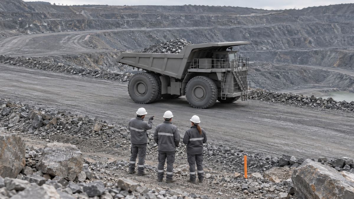 Three supervisors observe a loaded haul truck from a viewing berm in an open-pit mine.