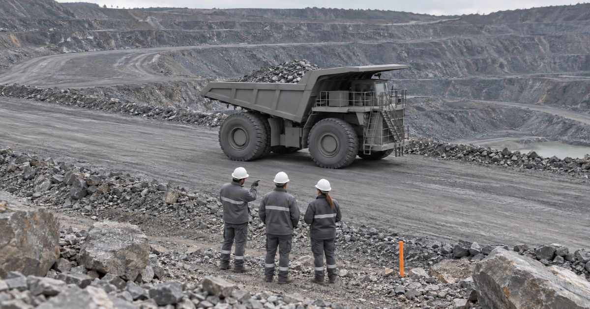 Three supervisors observe a loaded haul truck from a viewing berm in an open-pit mine.