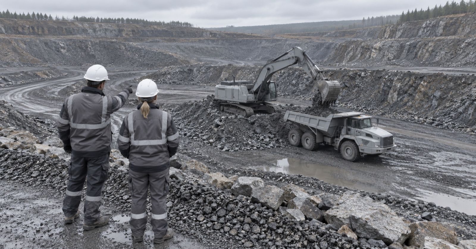Two supervisors observe an excavator loading an articulated dump truck across a mine bench.