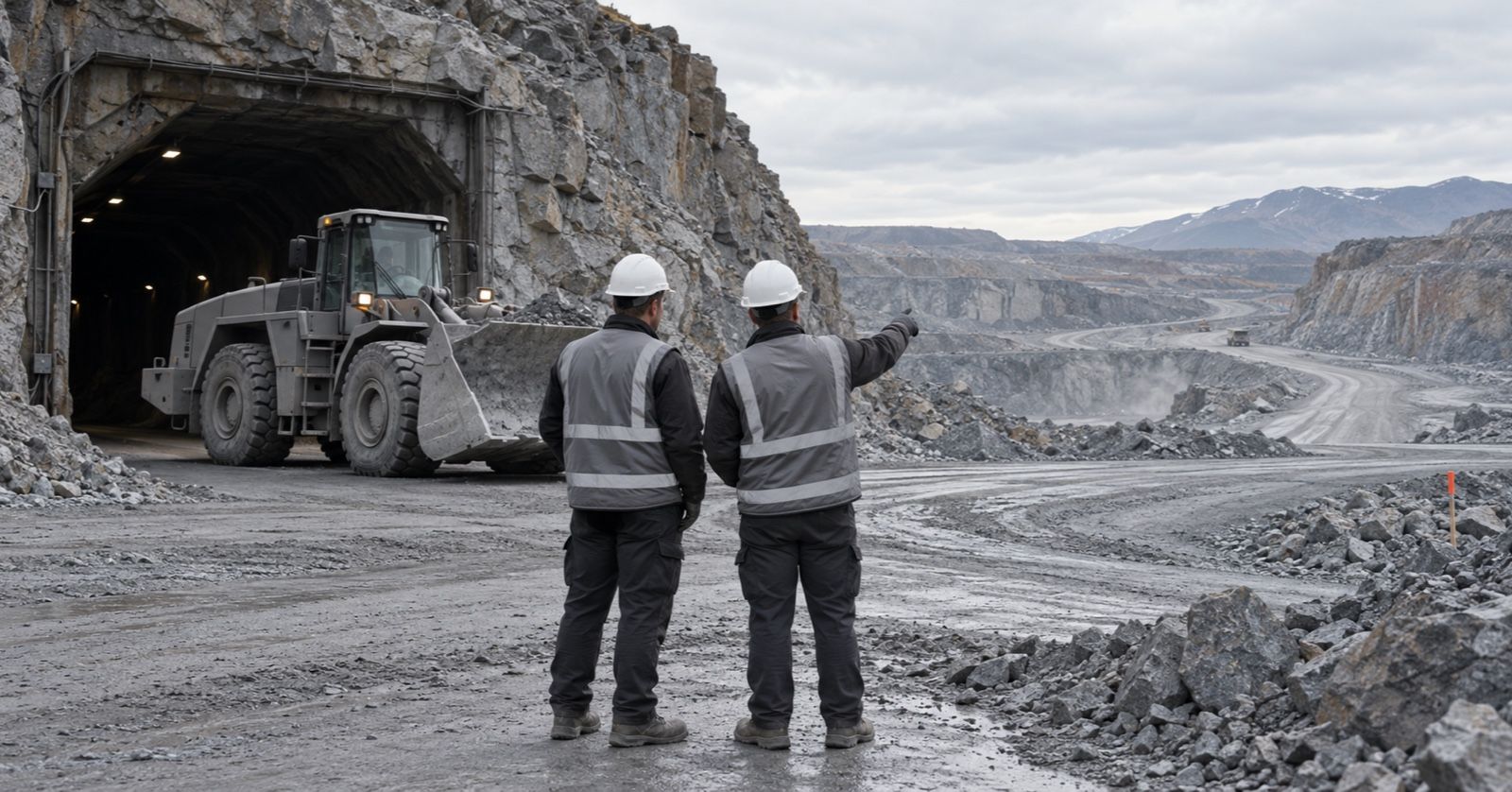 Two workers discuss the haul road beside a parked loader near an underground mine entrance.