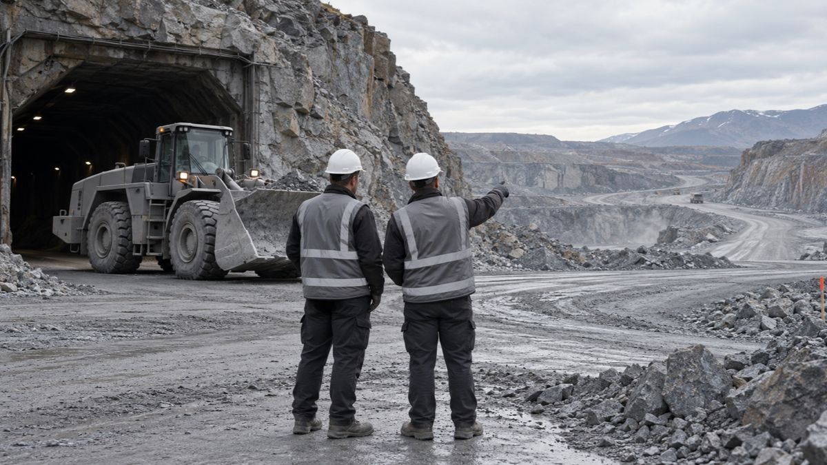 Two workers discuss the haul road beside a parked loader near an underground mine entrance.