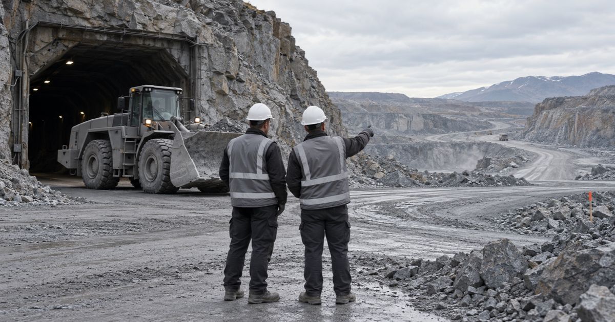 Two workers discuss the haul road beside a parked loader near an underground mine entrance.