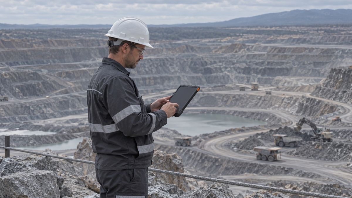 A mine engineer reviews a tablet from an overlook above an active open-pit mine.