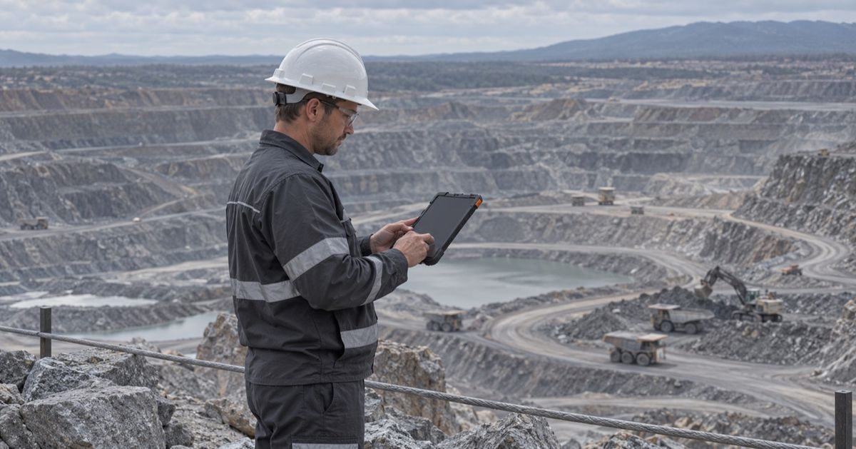 A mine engineer reviews a tablet from an overlook above an active open-pit mine.