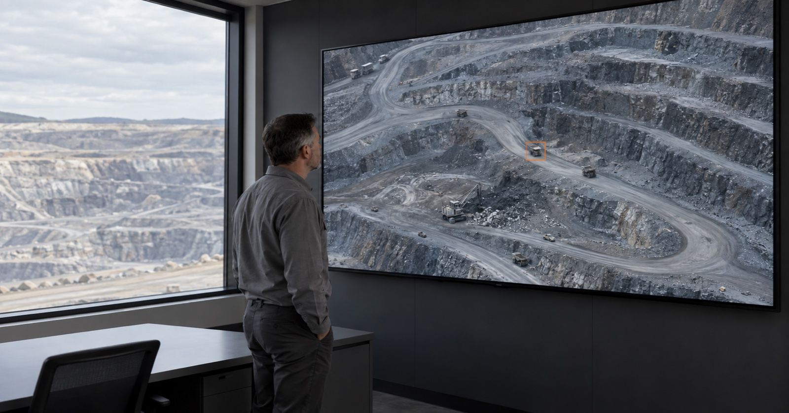 A mine planner studies an aerial mine image on a wall display with one small orange marker.