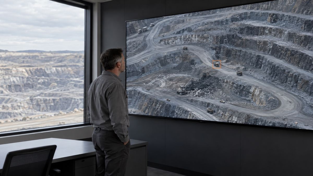 A mine planner studies an aerial mine image on a wall display with one small orange marker.