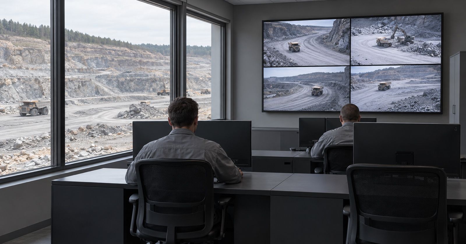 Two dispatchers work in a mine office beneath a display of quarry camera views.