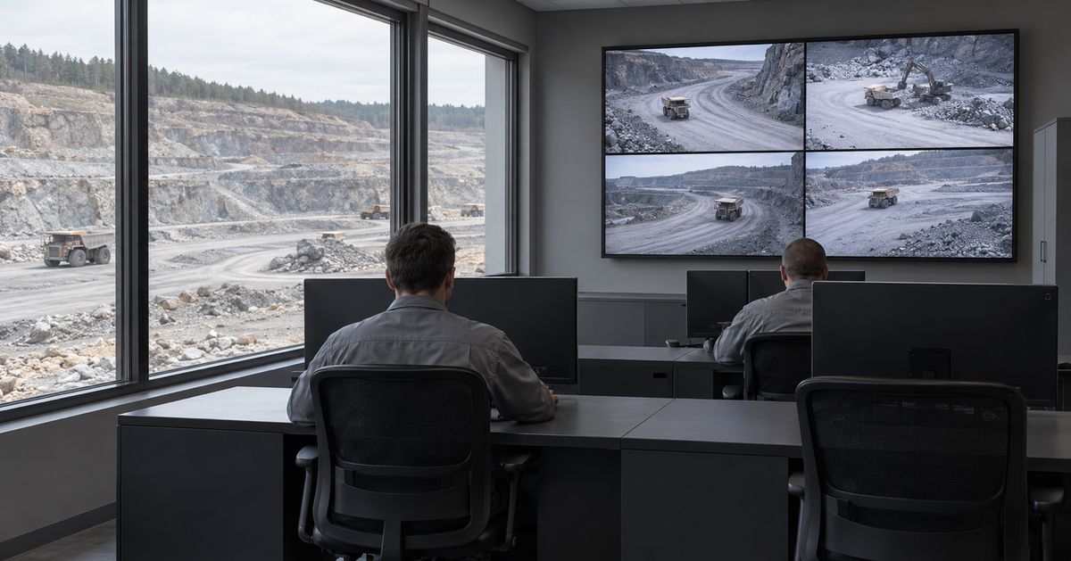 Two dispatchers work in a mine office beneath a display of quarry camera views.