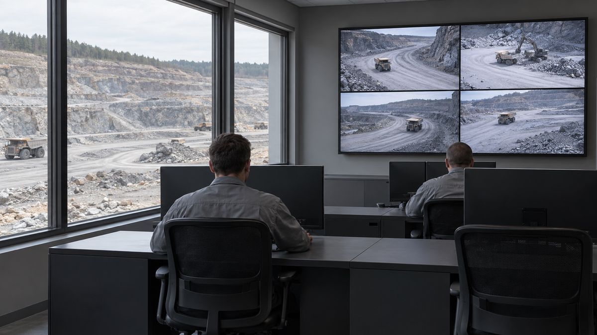 Two dispatchers work in a mine office beneath a display of quarry camera views.