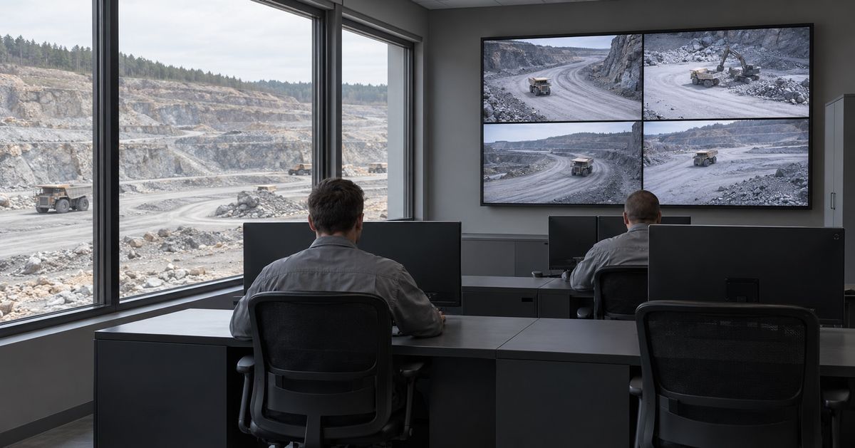 Two dispatchers work in a mine office beneath a display of quarry camera views.