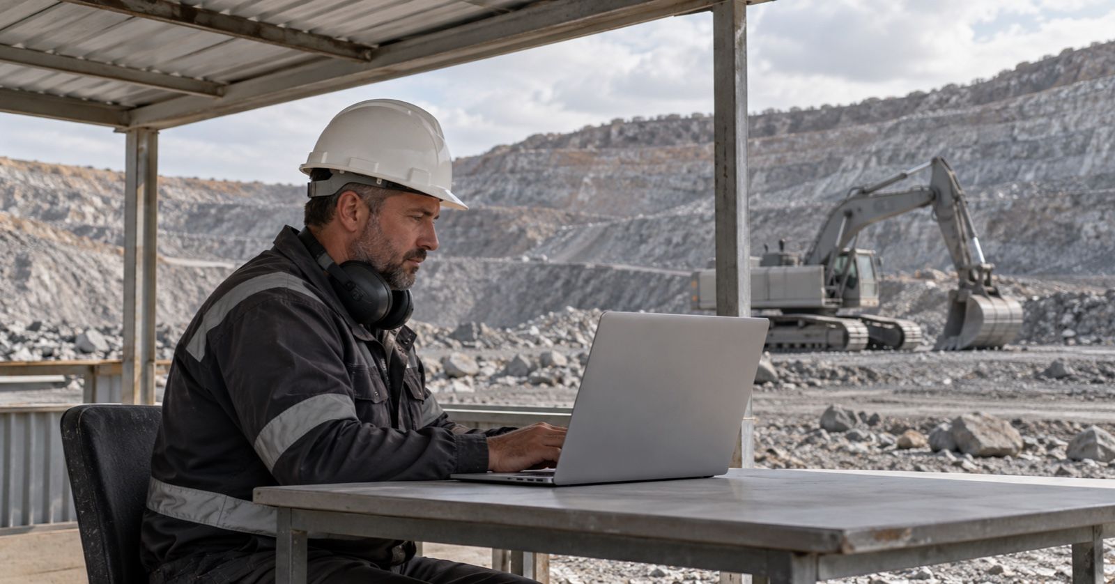 A supervisor uses a laptop in a mine-site shelter with an excavator visible outside.