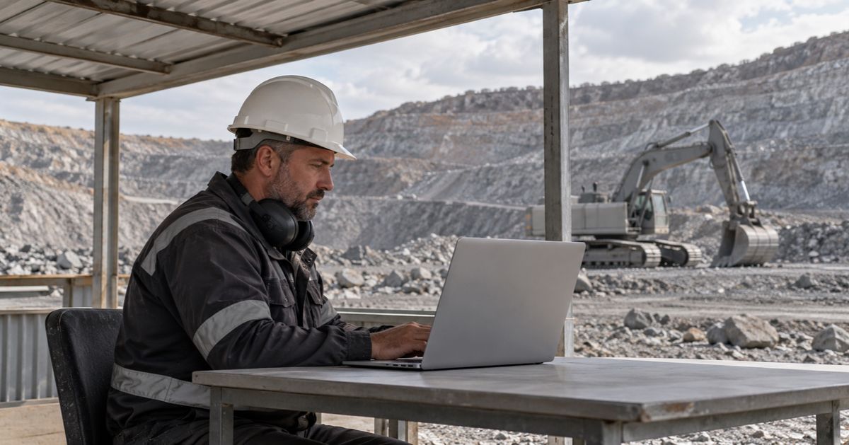 A supervisor uses a laptop in a mine-site shelter with an excavator visible outside.