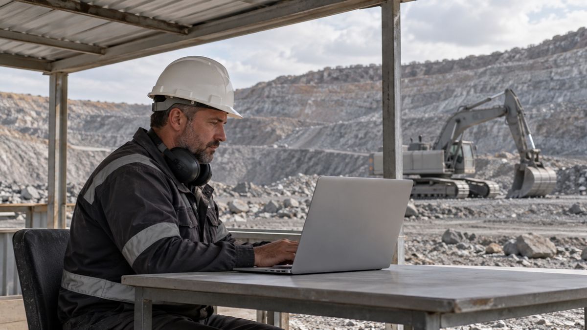 A supervisor uses a laptop in a mine-site shelter with an excavator visible outside.