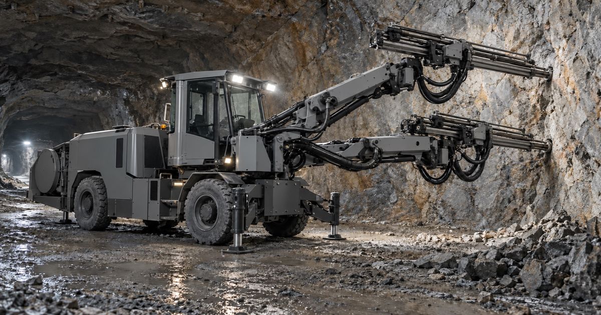A twin-boom drilling jumbo stands at a rock face inside an underground mine.