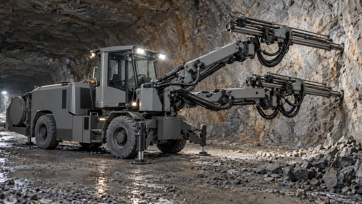 A twin-boom drilling jumbo stands at a rock face inside an underground mine.