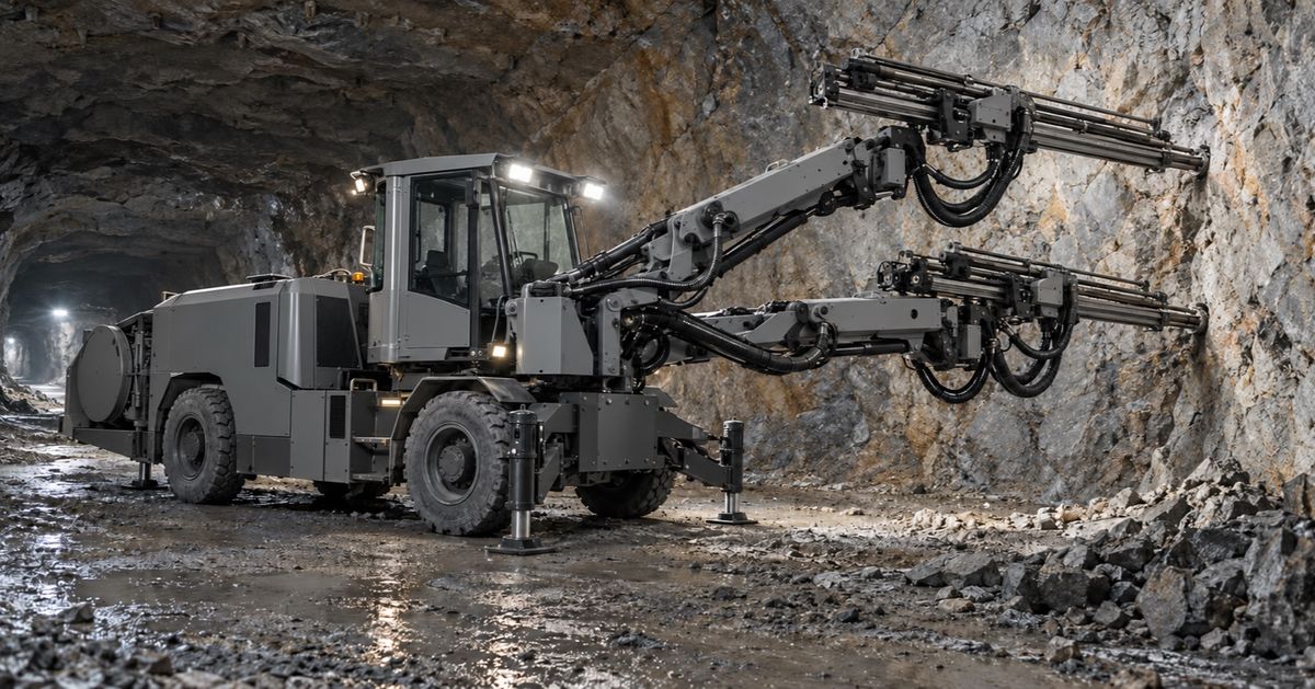 A twin-boom drilling jumbo stands at a rock face inside an underground mine.