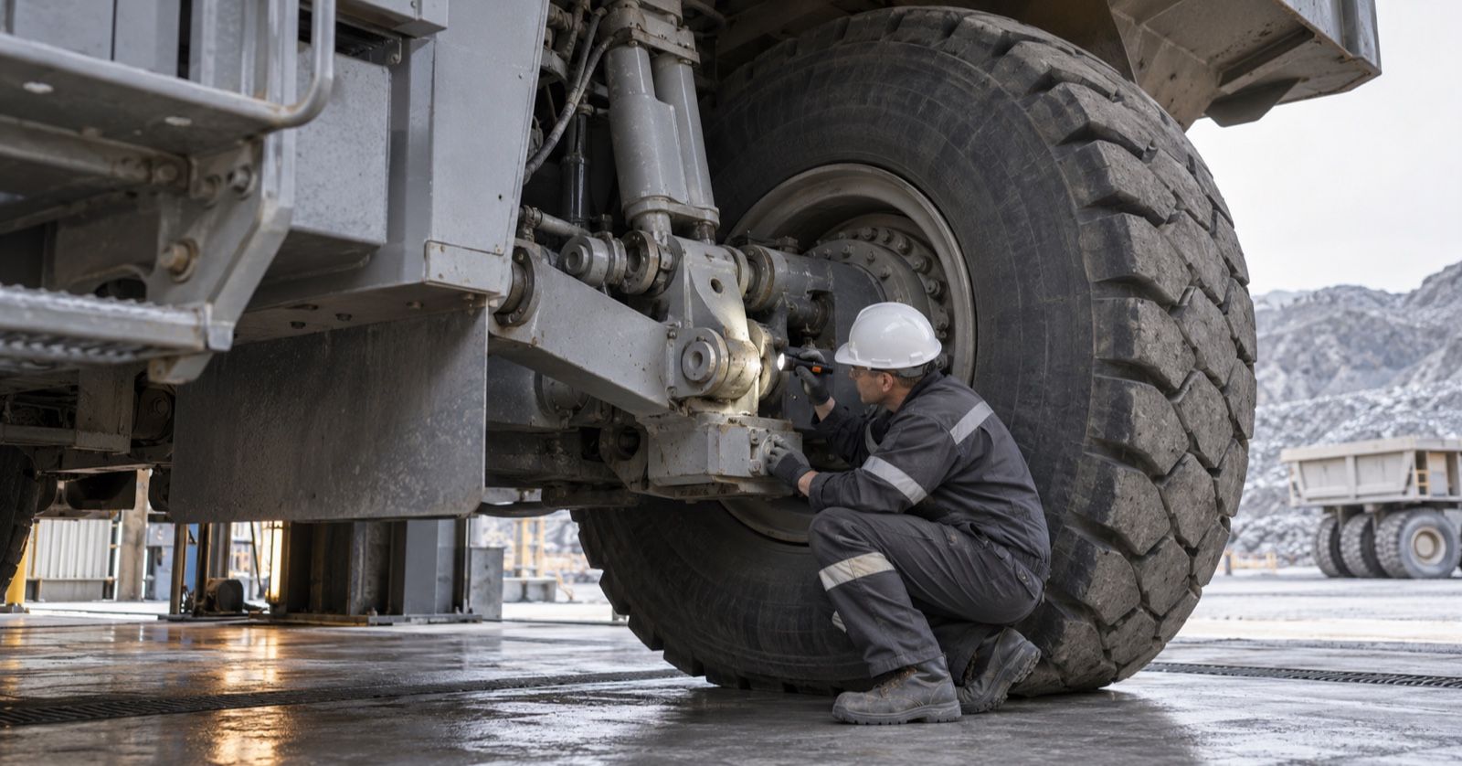 A mechanic inspects a haul truck’s suspension linkage beside a large tire in a maintenance bay.