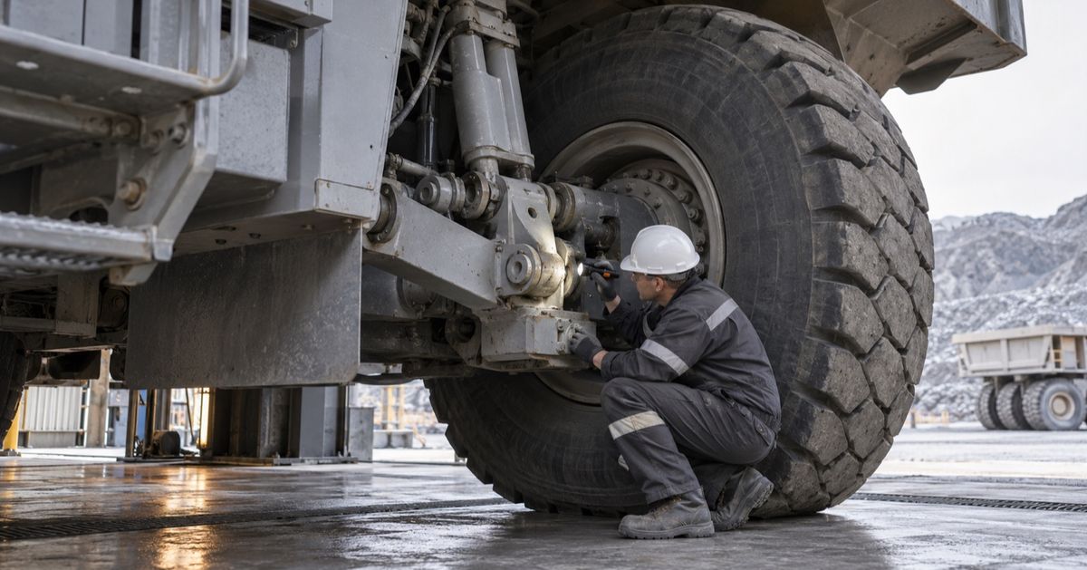 A mechanic inspects a haul truck’s suspension linkage beside a large tire in a maintenance bay.