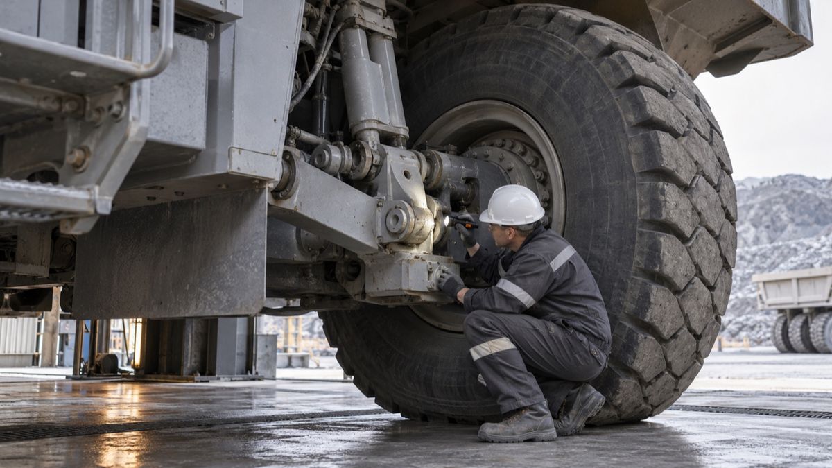A mechanic inspects a haul truck’s suspension linkage beside a large tire in a maintenance bay.