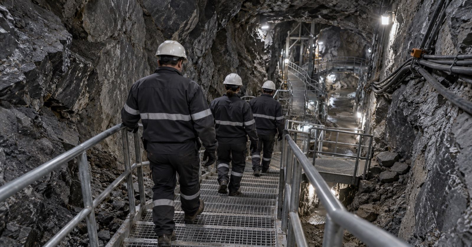 Three miners descend a metal staircase into a lit underground mine passage.