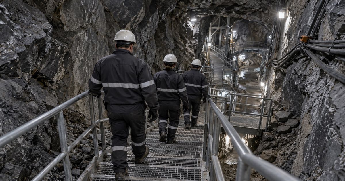 Three miners descend a metal staircase into a lit underground mine passage.