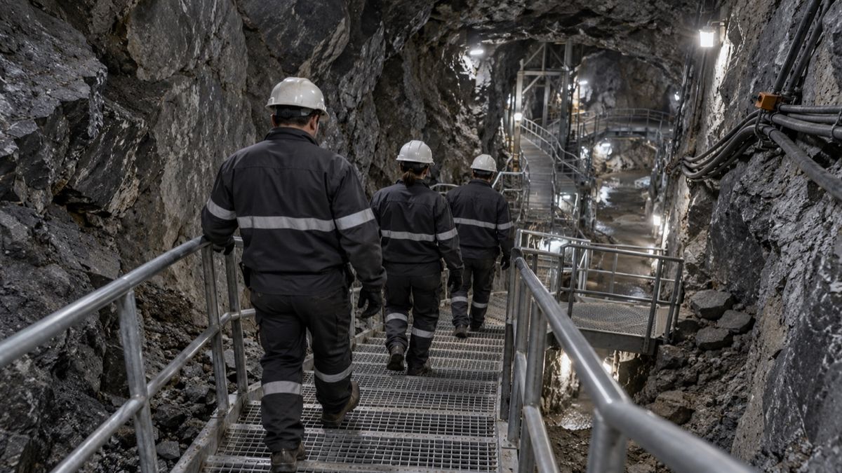 Three miners descend a metal staircase into a lit underground mine passage.