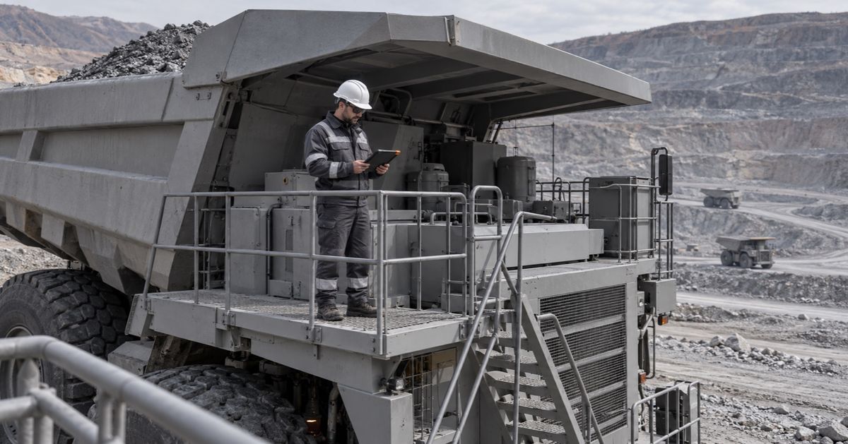 A technician checks a tablet on the railed access platform of a parked haul truck.